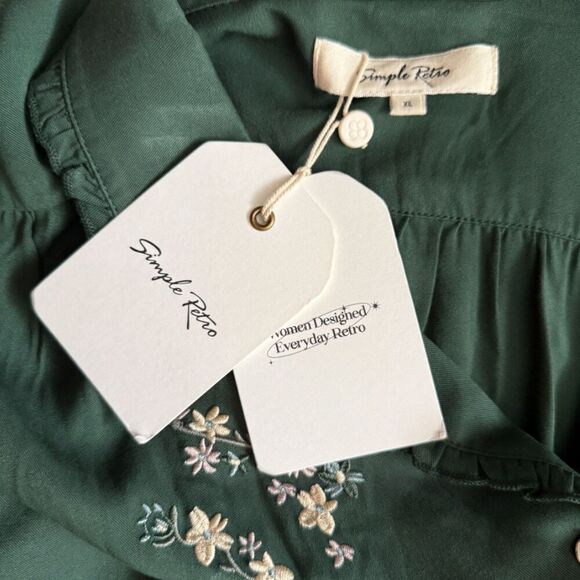 Simple Retro Green Embroidered Short Ruffle Sleeve Top Size XL - Picture 8 of 11